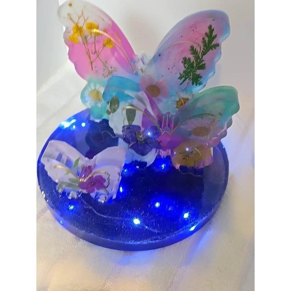 Handmade Resin Butterfly Plate With Lights Blue With Flowers 3 Speed Flashin 772